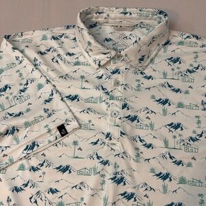 Swannies Mens M White Blue‎ Desert Mountain Print Golf Polo Shirt Performance